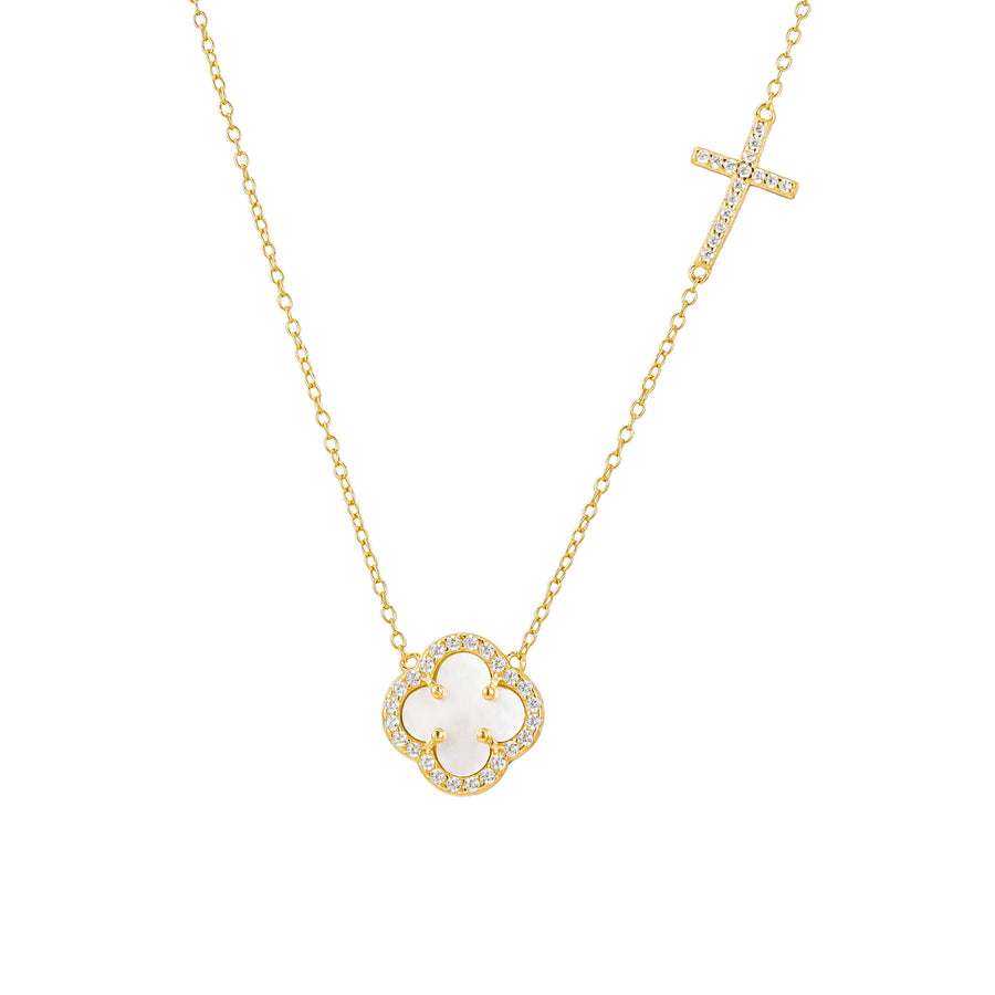 White Clover with Cross Gold Necklace