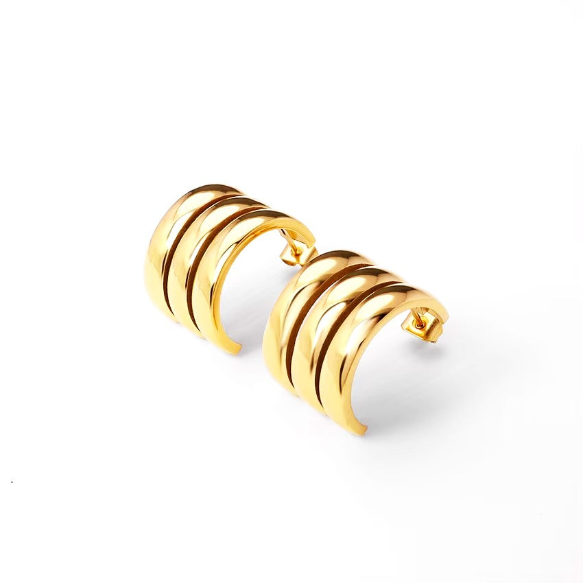 Triple Band Semi Huggie Gold Earrings